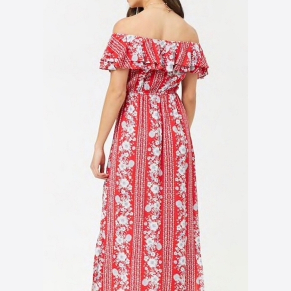 Forever 21 Red Floral Cottagecore Slubbed Cotton Off Shoulder Maxi Dress - Picture 2 of 9